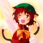  animal_ears bad_id bad_pixiv_id brown_hair cat_ears cat_tail chen china_dress chinese_clothes dress earrings hat jewelry ribbon short_hair solo soubi tail touhou 