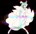 fox_tail hat long_sleeves looking_at_viewer mob_cap monochrome multiple_tails pillow_hat shoes short_hair solo spread_legs standing tabard tail tassel touhou wide_sleeves yakumo_ran yukizen 