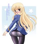  ass blonde_hair blush crotch_seam glasses long_hair looking_back narutaki_shin panties panties_under_pantyhose pantyhose perrine_h_clostermann solo strike_witches translated underwear world_witches_series yellow_eyes 