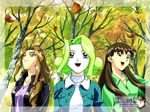  artist_request autumn brown_eyes brown_hair d_(dual!_parallel_trouble_adventure) dual!_parallel_trouble_adventure green_hair hairband leaf long_hair multiple_girls purple_eyes rara_mitsuki sanada_mitsuki 