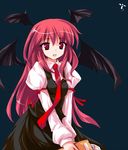  :d alphes_(style) armband bat_wings book bookmark cameo crescent hat head_wings ideolo koakuma long_hair necktie open_mouth parody patchouli_knowledge purple_hair red_eyes red_hair red_neckwear simple_background skirt smile solo style_parody touhou v_arms very_long_hair vest wings 