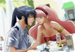  1girl black_hair breasts cleavage closed_eyes hairband lone_wolf long_hair macross macross_frontier medium_breasts pink_hair ponytail saotome_alto sheryl_nome very_long_hair 