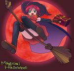  alice_wishheart aqua_eyes armpits broom broom_riding cape copyright_name earrings fang gloves halloween hat highres jewelry jimakku_(zimac) magical_halloween moon red_hair red_moon solo star star_earrings thighhighs upskirt witch witch_hat 