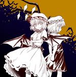  bat_wings flandre_scarlet monochrome multiple_girls remilia_scarlet siblings sisters touhou tsuyadashi_shuuji wings yellow yellow_background 