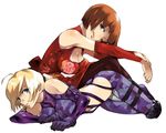  anna_williams bad_id bad_pixiv_id blonde_hair blue_eyes breasts brown_hair camouflage china_dress chinese_clothes cleavage detached_sleeves dress gloves heisa large_breasts licking_lips lying multiple_girls nina_williams pantyhose short_hair siblings sisters sitting tekken tekken_6 tongue tongue_out 