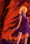  1girl bad_link blonde_hair dress feet_out_of_frame legs_apart long_sleeves looking_back minase_(mmakina) moriya_suwako purple_dress short_hair solo standing thighhighs torn_clothes torn_sleeves touhou turtleneck white_thighhighs yellow_eyes zettai_ryouiki 