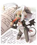  animal_ears bat_wings book bunny_ears garters glasses green_eyes horns katahira_masashi original pantyhose pointy_ears solo tail through_screen white_hair wings 