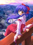  arm_support hair_ribbon hakama japanese_clothes landscape long_hair looking_back miko original ponytail purple_hair red_hakama ribbon sandals scenery sitting sitting_on_torii smile socks solo sunset torii twilight very_long_hair wakou_tensui wind yellow_eyes 