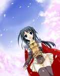  armor armored_dress artist_request blue_eyes blue_hair cherry_blossoms lord_knight open_mouth pauldrons ragnarok_online sky smile solo thighhighs 