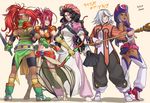 axe azusa_(hws) belt black_hair bow_(weapon) dated elbow_gloves fingerless_gloves gloves hat hilda_rhambling isabella_(tales) long_hair mary_argent multiple_girls nanaly_fletch red_hair refill_sage silver_hair staff sword tales_of_(series) tales_of_destiny tales_of_destiny_2 tales_of_legendia tales_of_rebirth tales_of_symphonia waist_cape weapon white_background 