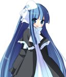  black_capelet blue_eyes blue_hair blush capelet disgaea hair_ribbon mage_(disgaea) makai_senki_disgaea_2 makai_senki_disgaea_3 ribbon sazaki_ichiri solo 