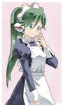  apron copyright_request frills green_eyes green_hair hand_to_own_mouth juliet_sleeves long_sleeves maid maid_headdress ponytail puffy_sleeves sleeve_cuffs solo takano_natsuki upper_body 