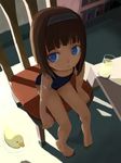  artist_request blue_eyes brown_hair chair child copyright_request drink one-piece_swimsuit short_hair solo swimsuit 