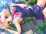  alice_margatroid blonde_hair blush book ichio one-piece_swimsuit ribbon school_swimsuit shiny shiny_clothes short_hair solo swimsuit touhou wet wet_clothes 
