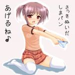  artist_request copyright_request eighth_note musical_note non-web_source panties plaid plaid_skirt red_eyes short_hair silver_hair skirt solo striped striped_panties thighhighs translated twintails underwear 