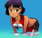  back bad_id bad_pixiv_id bandeau bare_shoulders bent_over bob_cut earrings face fushigi_no_umi_no_nadia green_eyes hair_ornament hairclip jewelry loincloth nadia neck_ring necklace pelvic_curtain purple_hair saitou_yahu short_hair solo strapless tubetop vest wading water 