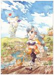  blue_hair breasts eggru final_fantasy final_fantasy_crystal_chronicles green_eyes long_hair medium_breasts moogle open_mouth river sandals selkie smile solo 