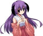  detached_sleeves hakama hanyuu higurashi_no_naku_koro_ni horns hoshi_umi japanese_clothes long_hair miko purple_hair red_hakama solo 