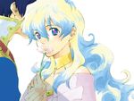  1boy 1girl artist_request bangs blue_hair covered_mouth curly_hair dress earrings flower hair_between_eyes holding holding_flower jewelry long_hair looking_at_viewer necklace nia_teppelin off-shoulder_dress off_shoulder portrait ring shade simon simple_background tengen_toppa_gurren_lagann upper_body white_background white_hair 