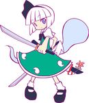  bangs blue_eyes blunt_bangs bow dollar flower ghost hair_ribbon hitodama katana konpaku_youmu konpaku_youmu_(ghost) lowres mary_janes parody puyopuyo puyopuyo_fever ribbon shoes skirt solo style_parody sword touhou weapon white_hair 