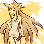  animal_ears blush_stickers brown_eyes brown_hair costume dress fox_ears hand_on_hip hitec long_hair moemon ninetales one_eye_closed personification pokemon silhouette smile solo standing strapless strapless_dress very_long_hair wavy_mouth 