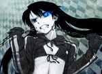  bikini_top black_hair black_rock_shooter black_rock_shooter_(character) blue_eyes chain flat_chest gloves itou_(onsoku_tassha) long_hair open_clothes open_shirt pale_skin shirt solo twintails zipper 