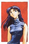  absurdres blue_eyes highres katsuragi_misato long_hair neon_genesis_evangelion purple_hair sadamoto_yoshiyuki scan solo 