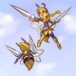  antennae armor beedrill braid costume day dual_wielding flying gen_1_pokemon hitec holding insect_girl lance moemon monster_girl orange_hair personification pokemon pokemon_(creature) polearm red_eyes sky thighhighs weapon wings 