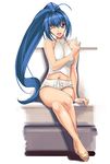  a1 bare_shoulders blue_eyes blue_hair crossed_legs hayase_mitsuki kimi_ga_nozomu_eien long_hair midriff navel one_eye_closed ponytail sandals sitting solo 