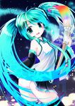  aqua_eyes aqua_hair art_brush colorful detached_sleeves giant_brush hatsune_miku highres hinasaki_you long_hair microphone miracle_paint_(vocaloid) musical_note necktie paintbrush panties skirt solo thighhighs twintails underwear very_long_hair vocaloid 