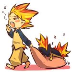  barefoot blush_stickers child dragging fiery_hair fire gen_2_pokemon hitec male_focus moemon one_eye_closed open_mouth orange_hair personification pillow pokemon pokemon_(creature) quilava red_eyes sleeping tears yawning zzz 