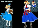  alice_margatroid alice_margatroid_(pc-98) apron blonde_hair blue_dress blue_hairband book doll dress dual_persona flying full_body grimoire grimoire_of_alice hairband holding holding_book kaji looking_at_viewer multiple_girls shanghai_doll short_hair size_difference standing time_paradox touhou touhou_(pc-98) waist_apron 