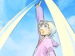  :d blue_eyes blue_sky blush day hood hooded_sweater long_sleeves nia_teppelin open_mouth pointing pointing_up short_hair silver_hair sky smile solo soyoking sweater tengen_toppa_gurren_lagann upper_body 
