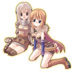  alchemist_(ragnarok_online) belt beltskirt blue_eyes blush brown_legwear buckle collar eyebrows_visible_through_hair full_body fur_collar fur_trim kneeling knight knight_(ragnarok_online) looking_at_viewer multiple_girls nose_blush orange_hair ragnarok_online short_hair silver_hair tanaka_(cow) thighhighs yokochou zettai_ryouiki 