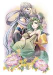  1girl armband bare_shoulders black_legwear bow breasts cleavage coin_(ornament) covered_mouth detached_sleeves earrings edward_geraldine final_fantasy final_fantasy_iv floral_background flower fringe_trim green_eyes green_hair hair_flower hair_ornament hands_in_opposite_sleeves highres jewelry knees_up leg_hug long_hair looking_at_viewer mask medium_breasts ninja ninja_(final_fantasy) older peony_(flower) rydia sash satsuki_yuu_(awairo) scarf sideways_glance smile spiked_hair star star_earrings thighhighs white_hair wide_sleeves 