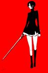  black_hair blood+ cycle9 dress lowres monochrome otonashi_saya red red_background red_eyes short_hair solo sword weapon 