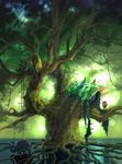  1girl bug forest highres in_tree insect ladder mugon nature original scenery sky tree water 