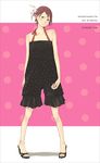  arms_at_sides brown_eyes brown_hair clenched_hands dated earrings english feathers frills frown full_body hair_feathers halterneck high_heels jewelry legs_apart original pink_background polka_dot polka_dot_background romper sandals solo standing yoshito 