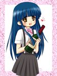  blue_hair bottle bow brown_eyes furude_rika heart higurashi_no_naku_koro_ni long_hair non-web_source piku pink_bow school_uniform solo 