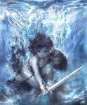  armor bubble floating_hair mitsuba_(knight_lounge) original shield solo sword underwater water weapon 