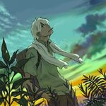  cigarette ginko hair_over_one_eye lowres male_focus mushishi sakai_yume scarf sky smoking solo sunset white_hair 