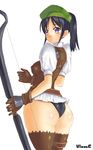  ass black_hair bow fantasy_earth_zero garters gloves nagase_haruhito panties ponytail purple_eyes scout_(fez) solo thighhighs underwear 
