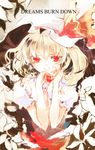  english flandre_scarlet flower hat hat_ribbon looking_at_viewer mob_cap puffy_short_sleeves puffy_sleeves red_eyes red_ribbon ribbon short_sleeves shunsei_(muratou) smile solo touhou upper_body 