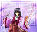  alternate_costume asahina black_hair branch heian holding houraisan_kaguya japanese_clothes long_hair long_skirt long_sleeves looking_at_viewer purple_hair red_eyes red_skirt red_string skirt smile solo string touhou upper_body very_long_hair wide_sleeves 