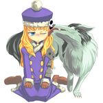  animal bad_id bad_pixiv_id blonde_hair blue_eyes blush gloves gunner hat jack_frost kemokemo_gdgd kneeling licking long_hair one_eye_closed pantyhose pet_(sekaiju) pout sekaiju_no_meikyuu tears wolf 