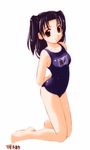  arms_behind_back barefoot fujisaki_akari hikaru_no_go kneeling one-piece_swimsuit school_swimsuit solo swimsuit tokino twintails 