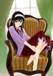  barefoot blue_eyes brown_hair chair feet full_body hairband knees_up leg_hug long_hair shirotsumekusa sitting smile solo toono_akiha tsukihime white_hairband 