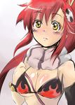  bangs between_breasts bikini_top blush breasts cleavage closed_mouth eyebrows eyebrows_visible_through_hair flame_print frown gloves gradient gradient_background hair_ornament hair_stick long_hair medium_breasts ponytail red_hair scarf shorts single_glove sketch skull_hair_ornament solo soyoking tengen_toppa_gurren_lagann upper_body yellow_eyes yoko_littner 