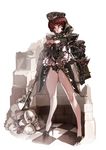  armor book checkered copyright_request corset gloves hat high_heels jeffr legs mace red_hair shoes short_hair solo weapon yellow_eyes 