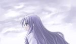  copyright_request kasuga_yukihito long_hair mole mole_under_eye monochrome purple sky solo 